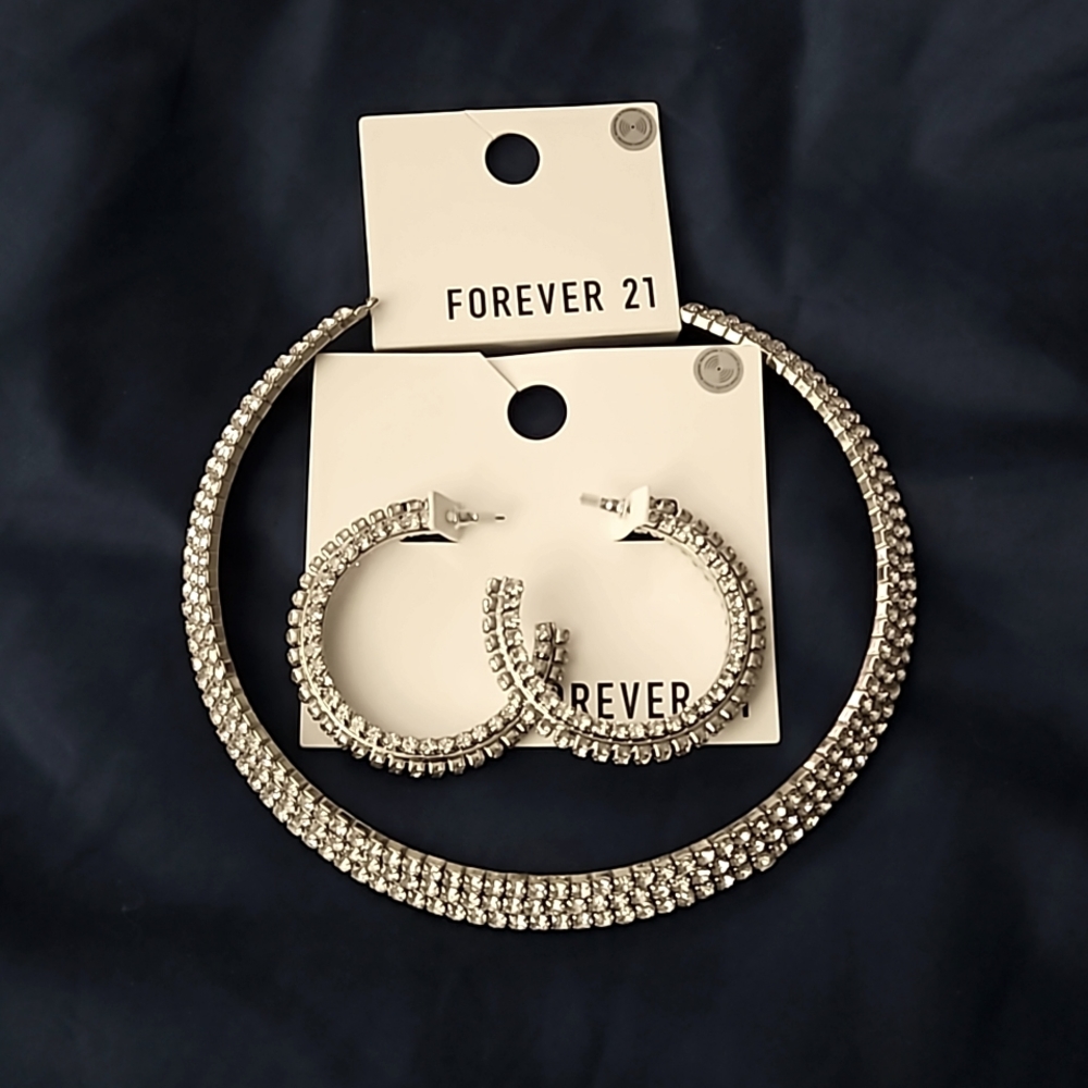 Forever 21 sparkling Hoop earrings and choker silver tone clear stones.